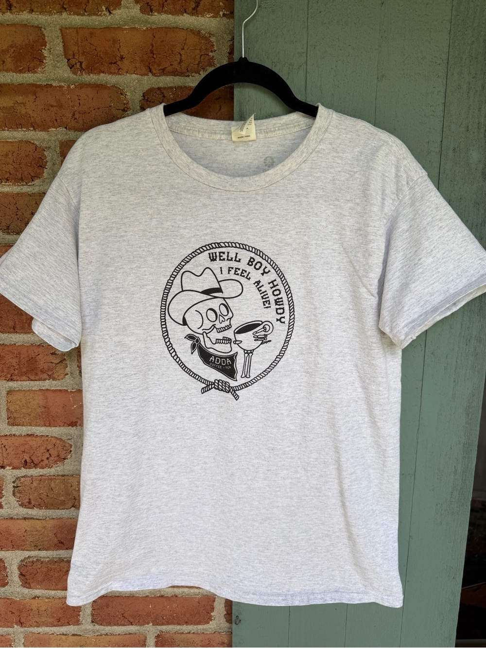 Light Gray Graphic Tee with Black Skull Cowboy Coffee Print